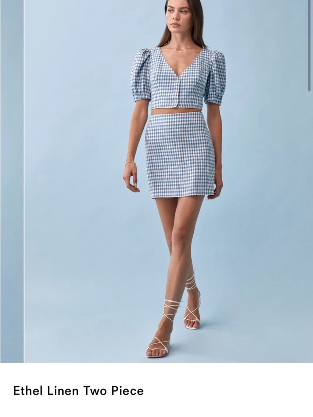 Reformation Ethel linen Blue Gingham Mini Skirt